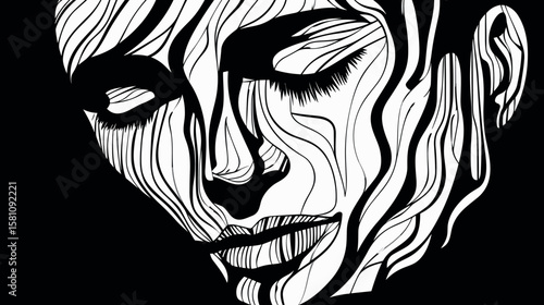 Abstract portrait of a young man suffering from depression and loneliness in vector line art style.