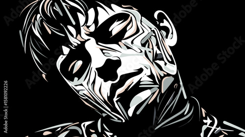 Abstract portrait of a young man suffering from depression and loneliness in vector line art style.