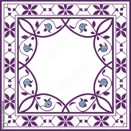 Ornate Purple and Teal Frame: An elegant square frame features a delicate design of swirling purple vines and teal berries, creating a sophisticated border perfect for invitations, announcements.