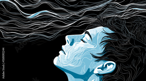 Abstract portrait of a young man suffering from depression and loneliness in vector line art style.