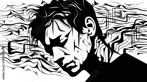 Abstract portrait of a young man suffering from depression and loneliness in vector line art style.