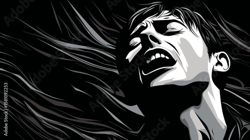Abstract portrait of a young man suffering from depression and loneliness in vector line art style.
