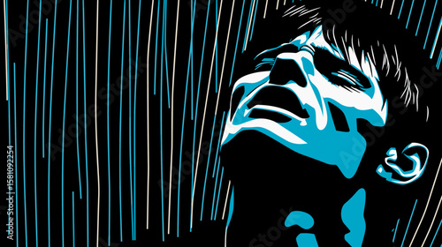 Abstract portrait of a young man suffering from depression and loneliness in vector line art style.