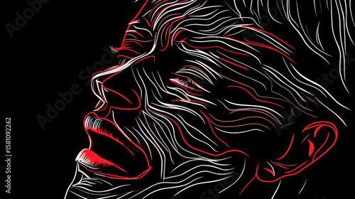 Abstract portrait of a young man suffering from depression and loneliness in vector line art style.