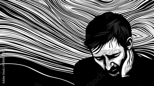 Abstract portrait of a young man suffering from depression and loneliness in vector line art style.