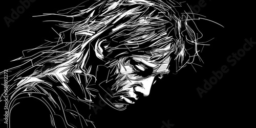 Abstract portrait of a young man suffering from depression and loneliness in vector line art style.