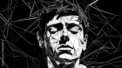 Abstract portrait of a young man suffering from depression and loneliness in vector line art style.
