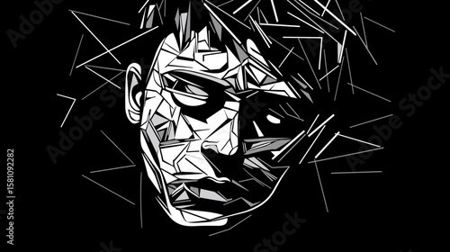 Abstract portrait of a young man suffering from depression and loneliness in vector line art style.