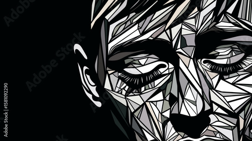 Abstract portrait of a young man suffering from depression and loneliness in vector line art style.