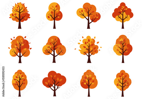Collection of stylized autumn trees with orange and yellow leaves brown trunks and varied shapes.