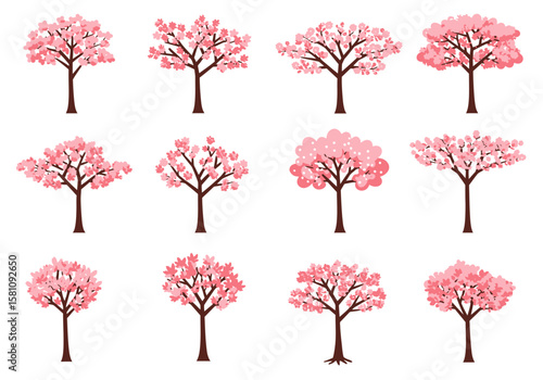 Collection of stylized cherry blossom trees with pink flowers and brown trunks 1.