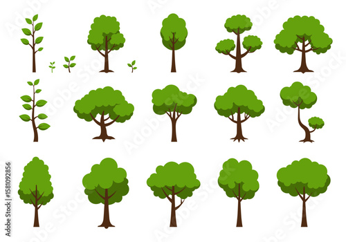 Collection of Stylized Green Trees with Brown Trunks and Varied Shapes 1.