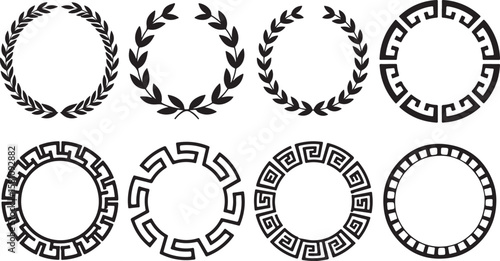 Collection of black circular laurel wreaths and ancient greek meander pattern borders on transparent background