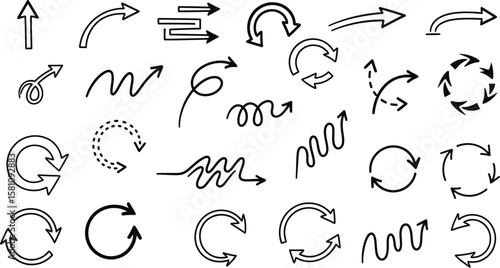 Diverse doodle arrows pointing in various directions on a white background