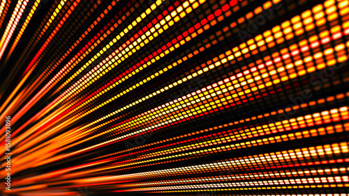 Digital flow. Light dynamics and pixel energy. The illustration shows a bright LED panel where bright multi-colored stripes create the effect of movement and energy. Vector illustration.