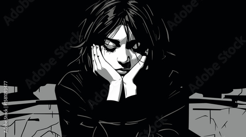 Loneliness and depression. Art representation of a womans emotional distress