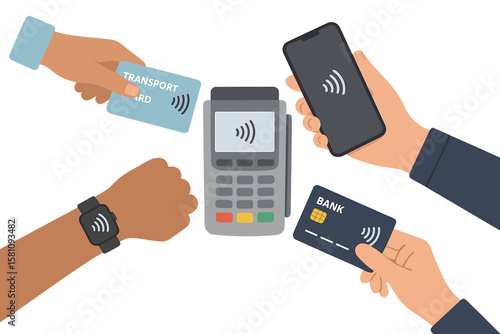 A person's hands are shown holding a transport card, smartphone, smartwatch, and bank card next to a POS terminal, highlighting wireless, contactless, or cashless payments using rfid nfc, depicted in