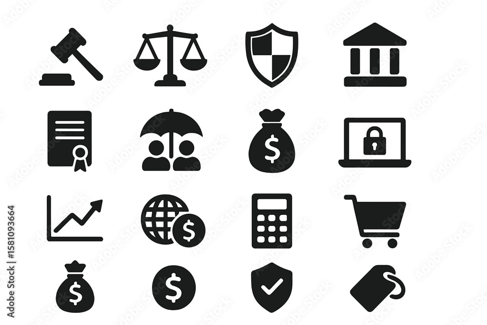 Fototapeta premium Legal, laws, justice, insurance, banking finance, cyber security, economics market and e-commerce black classic icon set’ is reworded as a collection of black classic icons for legal, laws, justice
