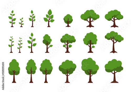 Collection of Stylized Trees with Green Foliage and Brown Trunks in Various Stages of Growth.