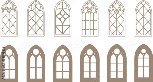 Collection of gothic arch windows with decorative tracery and panes isolated on transparent background