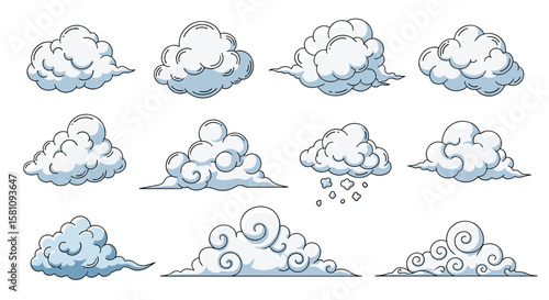 Collection of fluffy white pixel art clouds for game design and digital illustration projects
