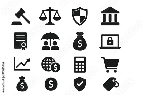 Legal, laws, justice, insurance, banking finance, cyber security, economics market and e-commerce black classic icon set’ is reworded as a collection of black classic icons for legal, laws, justice