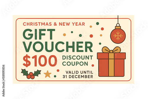 Christmas and New Year Gift Voucher, Discount Coupon Template Vector Illustration EPS10’ is rephrased as Vector Illustration EPS10 of Christmas and New Year Gift Voucher and Discount Coupon Template