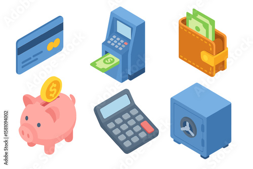 A set of financial management isometric icons includes a credit card, ATM terminal, wallet, piggy bank, calculator, and bank safe, representing money saving, banking, and investment through 3D vector