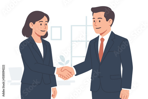 Two business people are depicted shaking hands in an office setting, symbolizing a deal, partnership, equality, and agreement, as shown in a vector illustration on a white background