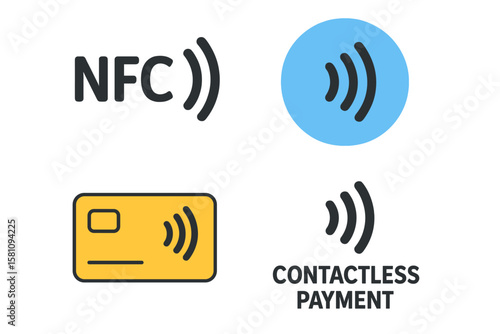 NFC icon set represents contactless wireless payment through a sign logo, incorporating NFC technology for credit card transactions and serving as a contactless payment logo, as well as an NFC