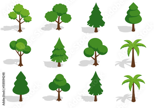 Collection of Twelve Isometric Trees with Various Shapes and Foliage