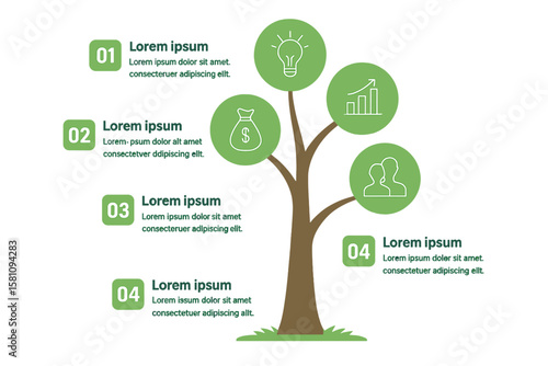 Infographic for a tree featuring icons, numerical data, and placeholder text, along with a green business diagram and template, including a vector timeline and industry growth chart