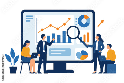 flat business people working analytics and monitoring research on web report dashboard monitor and vector illustration design banner concept for website traffic analytics’ becomes ‘business people