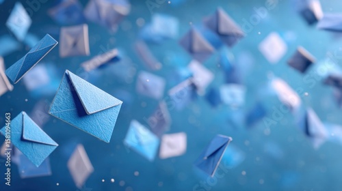 Colorful envelopes drift through a vibrant blue space, illustrating the concept of communication in a digital age. The envelopes vary in size and shade, creating a lively atmosphere.