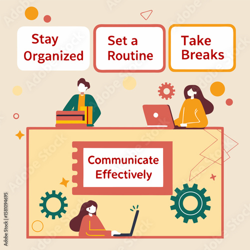 Illustration showing tips for productivity including communication and organization skills tips for work