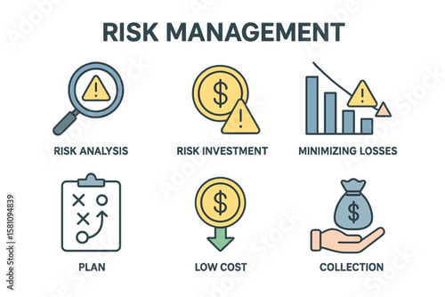 A set of Risk Management web icons, illustrated in line style, is available, covering risk analysis, investment, loss minimization, planning, low-cost strategies, and more, in vector format