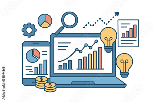 Vector concept of mobile and laptop data analysis, research, planning, statistics, finance, infographics, and management