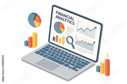 A laptop screen displays financial analytics and business infographics, including finance graphs, data analysis, and investment charts, in a 3D isometric vector format, representing a business