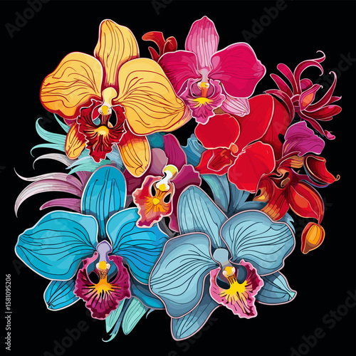 Tropical orchid flowers on dark background in vector pop art style