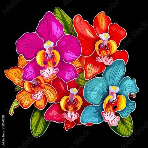 Tropical orchid flowers on dark background in vector pop art style