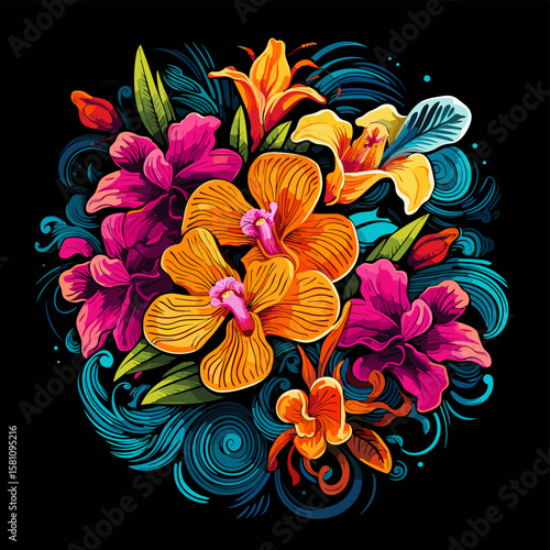 Tropical orchid flowers on dark background in vector pop art style