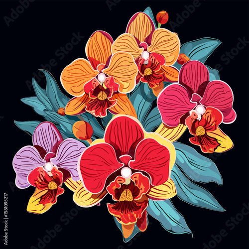 Tropical orchid flowers on dark background in vector pop art style