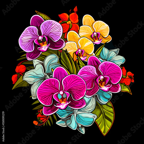Tropical orchid flowers on dark background in vector pop art style