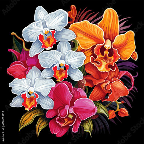 Tropical orchid flowers on dark background in vector pop art style