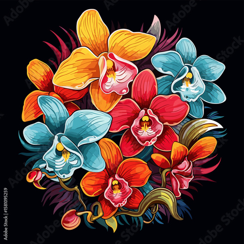 Tropical orchid flowers on dark background in vector pop art style