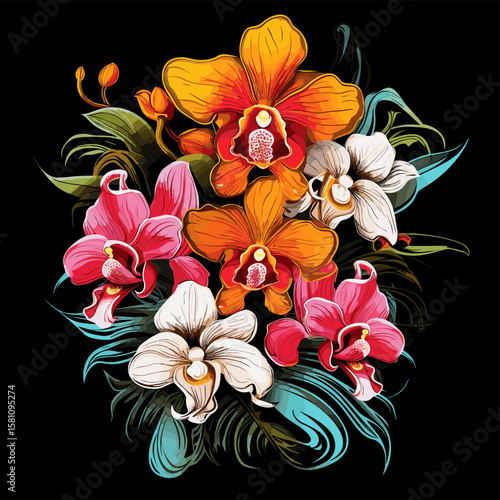 Tropical orchid flowers on dark background in vector pop art style