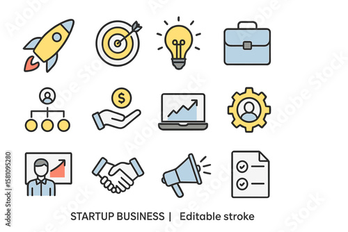 A set of editable icons for startup businesses, featuring a vector illustration with an editable stroke