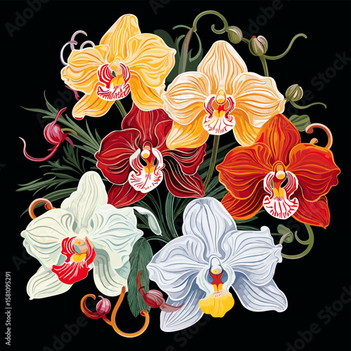 Tropical orchid flowers on dark background in vector pop art style