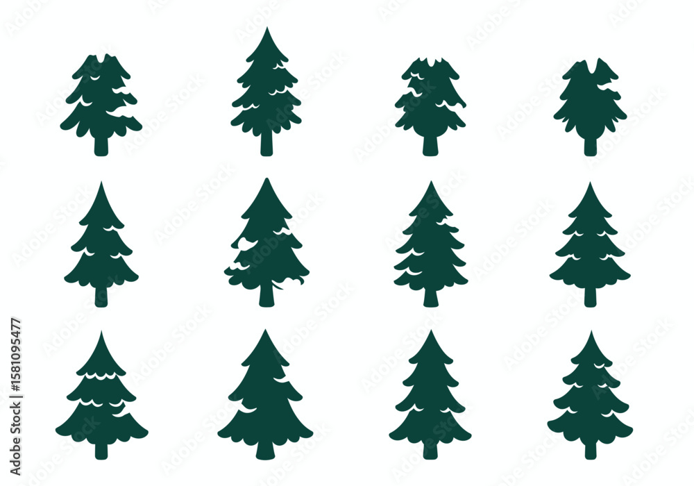 Evergreen Tree Silhouettes: Stylized Conifer Collection for Winter and Holiday Designs Evergreen Tree Silhouettes: Stylized Conifer Collection for Winter and Holiday Designs