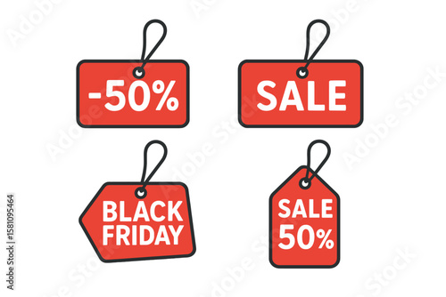 Vector illustration of a set of discount coupons or shopping tags, complete with labels showing percentages and discount offer tag symbols, typically used for Black Friday discounts and sales